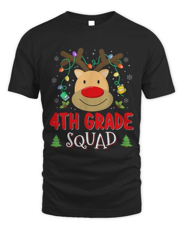 4th Grade Squad Plaid Reindeer Santa Hat Teacher Christmas Premium T-shirt