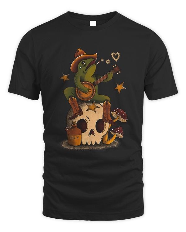 Cottagecore Aesthetic Cowboy Frog Playing Banjo On A Skull