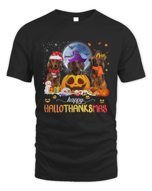 Happy Hallothanksmas Dachshunds Pumpkin Maple Leaf Santa Hat503