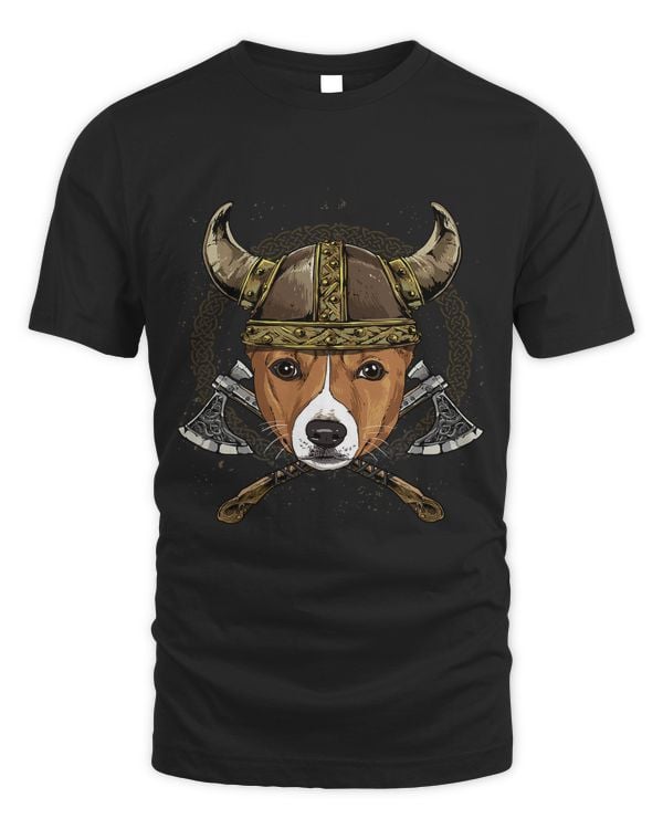 Viking Basenji Dog with Viking Helmet Mjolnir Axes 241
