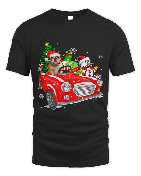 Funny English Bulldog Dog Santa Hat Red Car Christmas365