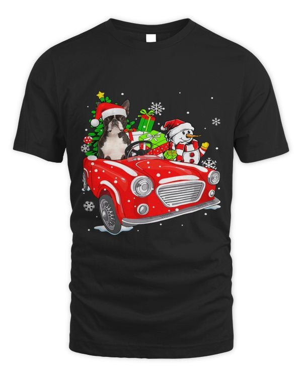 Funny Boston Terrier Dog Santa Hat Red Car Christmas345