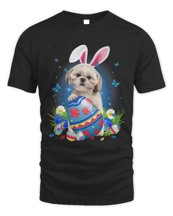 Bunny Shih Tzu With Egg Basket Easter Flower Hunting Egg