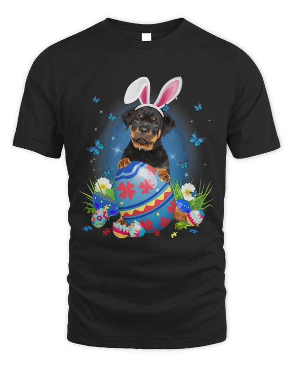 Bunny Rottweiler With Egg Basket Easter Flower Hunting Egg