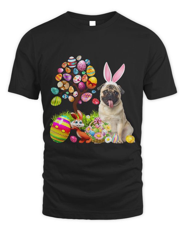 Happy Easter Eggs Tree Bunny Fawn Pug Dog