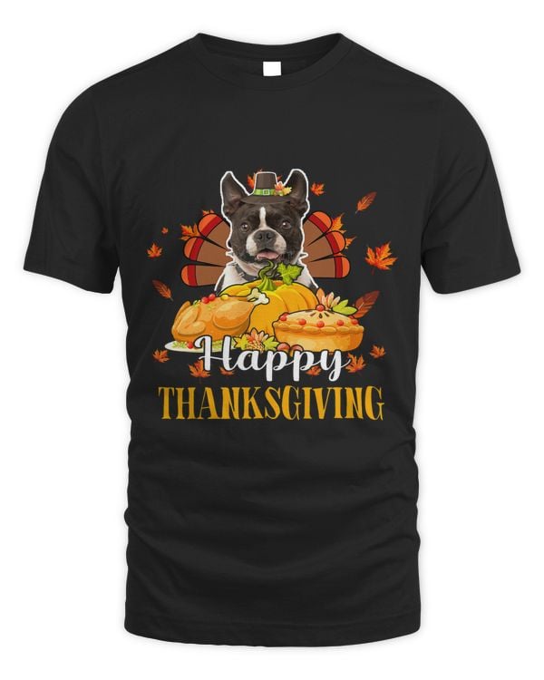 Happy Thanksgiving Turkey Boston Terrier Fall Pumpkins Pie