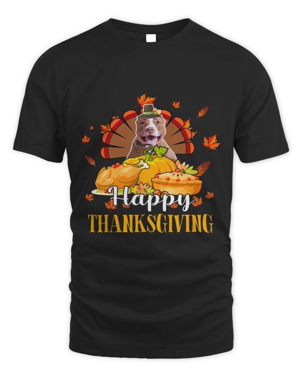 Happy Thanksgiving Turkey Pit Bull Wearing Hat Fall Pumpkins