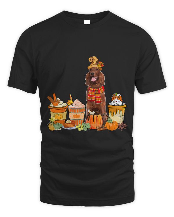 Irish Setter Wearing Hat With Coffee Cups Fall Pumpkins