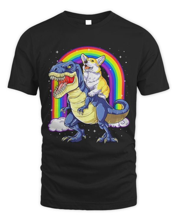 Funny Space Galaxy Rainbow Corgi Riding Dinosaur T Rex Puppy 599