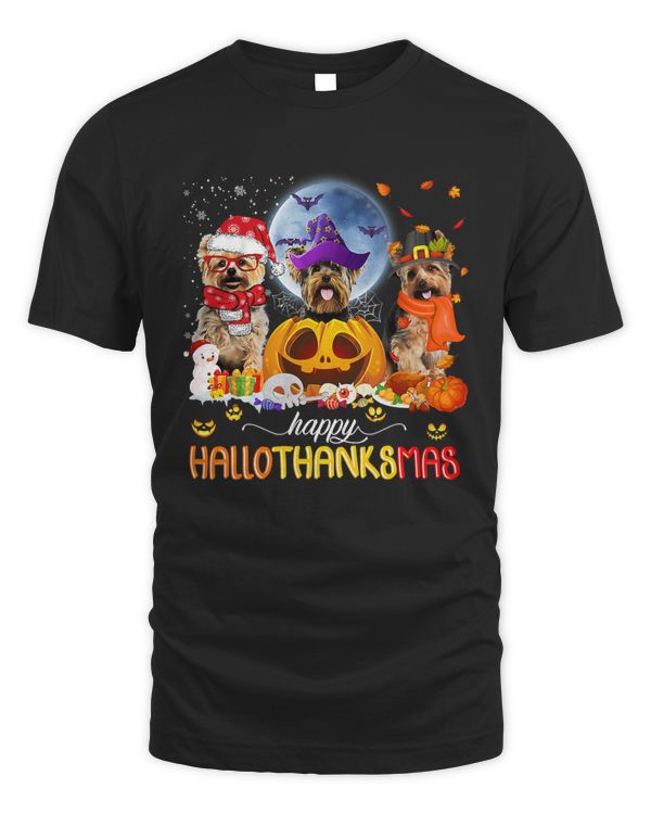 Happy Hallothanksmas Yorkie Pumpkin Maple Leaf Santa Hat492