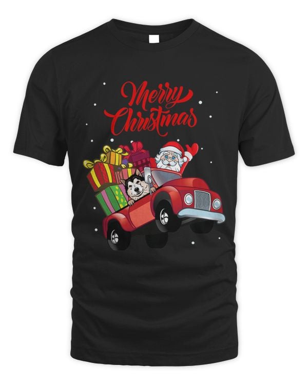 Alaskan Malamute With Santa Claus In Red Truck Dog Shirt