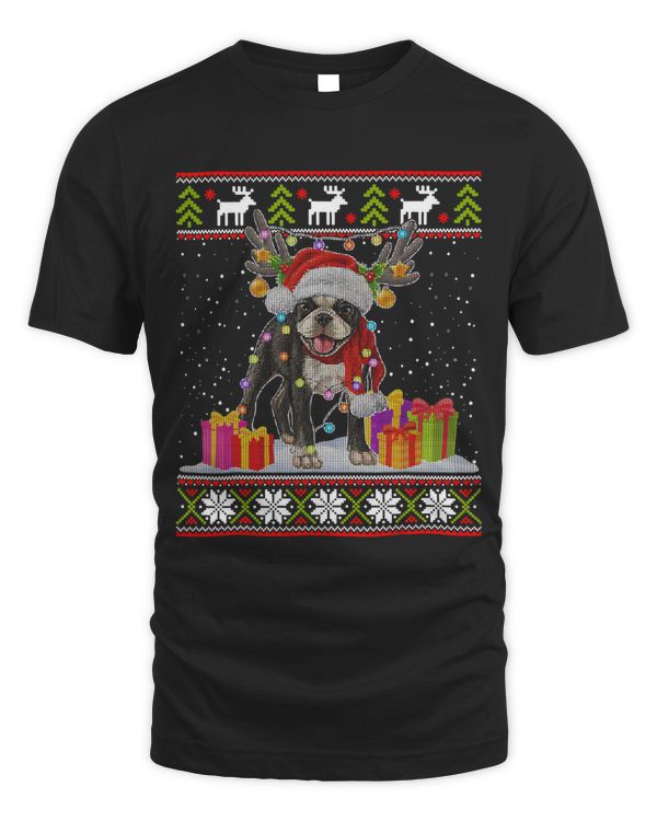 Ugly Sweater Christmas Lights Boston Terrier Dog Lover