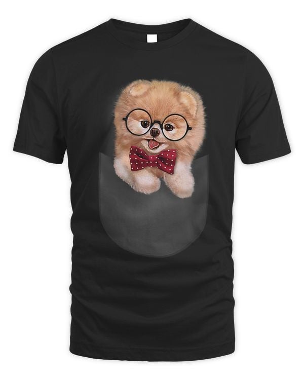 T Shirt Cream Pomeranian Nerd Glass Bow Tie Pocket Dog