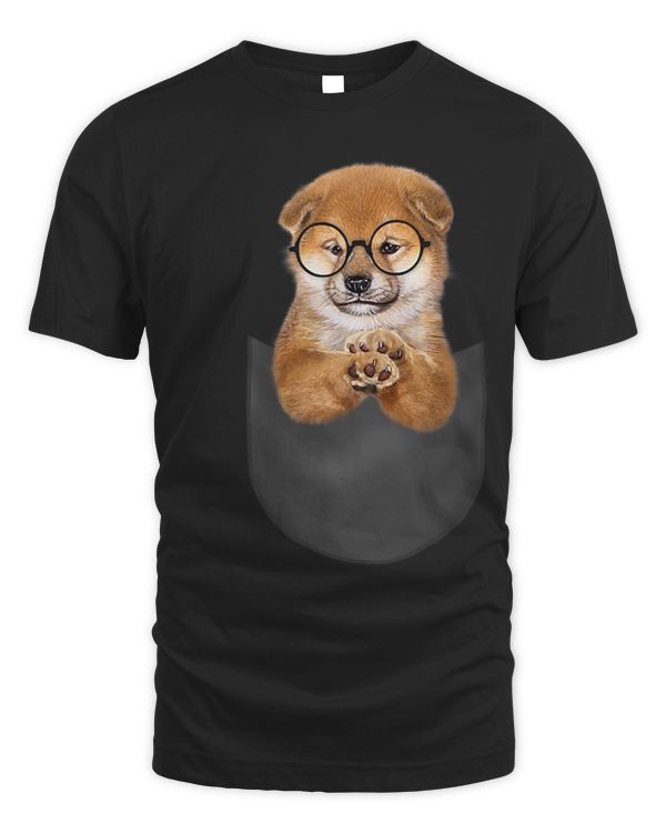 T Shirt Cute Nerdy Shiba Inu in Round Eyeglass Pocket Dog
