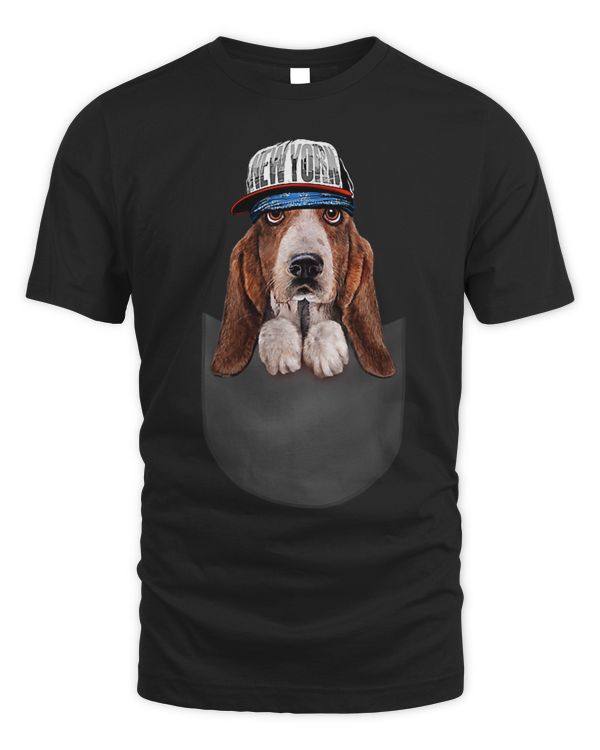 T Shirt Rapper Basset Hound Dog in Hip Hop Hat Pocket