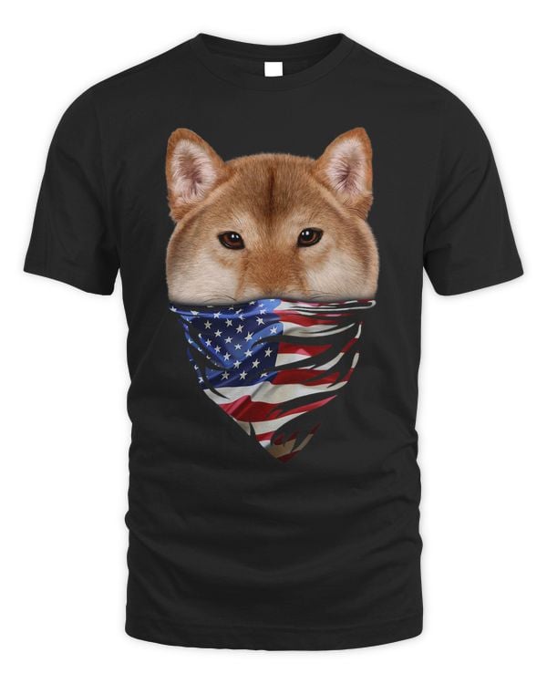 T Shirt Shiba Inu Dog w Patriotic America Bandana Flag USA