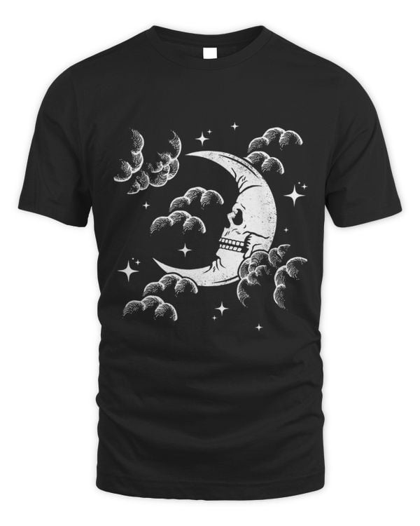 Astrology Crescent Skull Moon Night Sky w Clouds and Stars