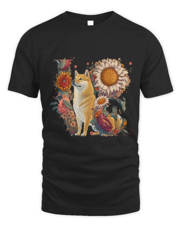 Cute Shiba Inu Sunflower LOVE Word Drawing Art