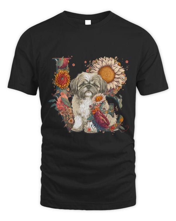 Cute Shih Tzu Sunflower LOVE Word Drawing Art