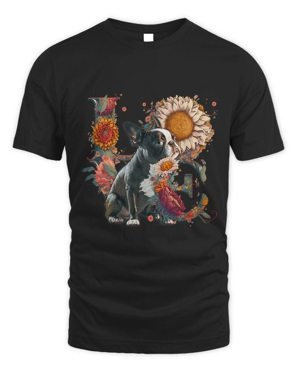 Cute Boston Terrier Sunflower LOVE Word Drawing Art