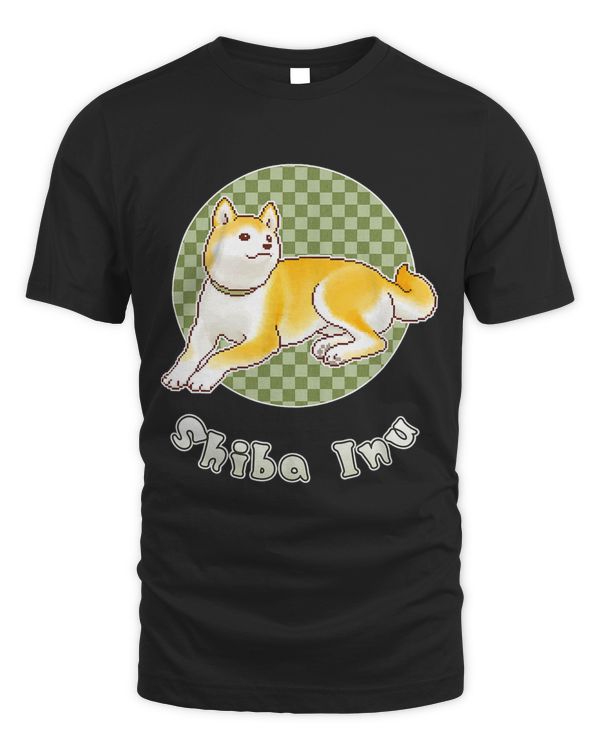 Pixel Art Shiba Inu Dog On Green Checkered Background 184