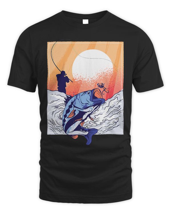 Fisherman Sunset Retro Cool Fun Cartoon Action Art