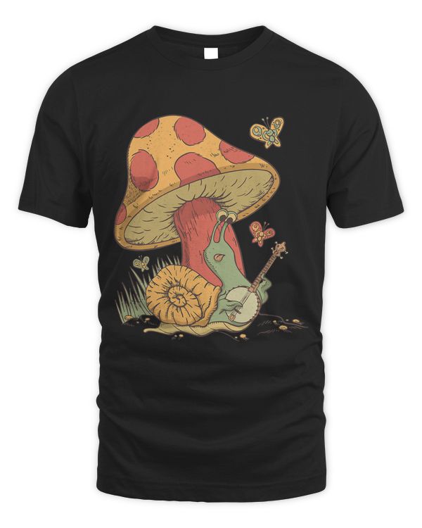 Cottage core snail playing banjo mushroom