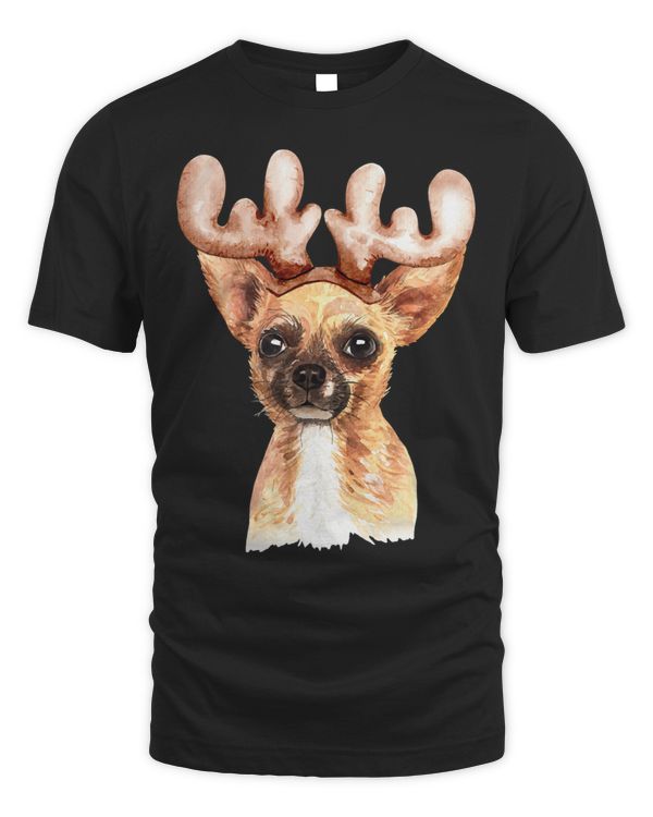 Chihuahua Dog with Reindeer Antler Watercolor