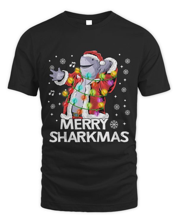 Merry Sharkmas Cute Shark Santa Hat Ugly Christmas Lights 73