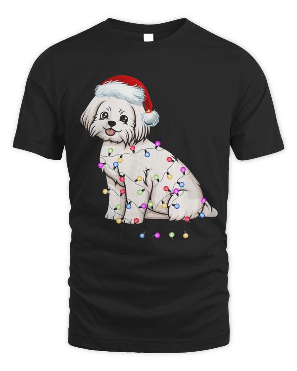 Maltese Dog Christmas Costume Santa Hat Xmas Lights Funny