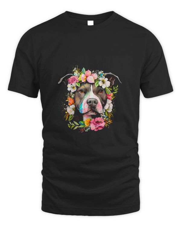 Watercolor Pitbull with flowers 4