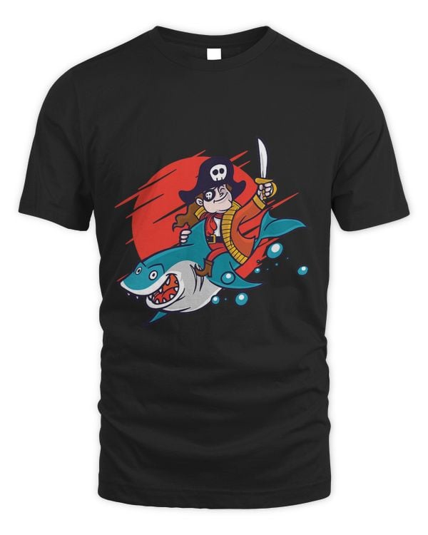 Laughing pirate captain with his sword riding on shark