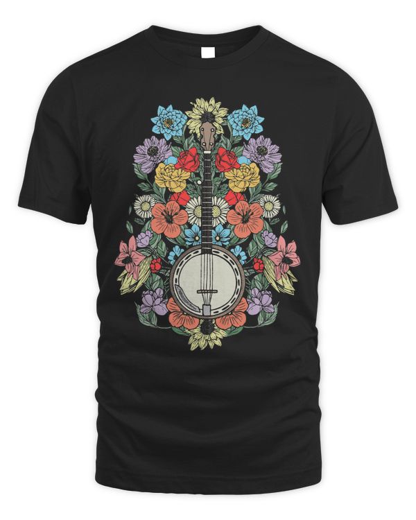 Banjo Flowers Vintage Stringed Bluegrass Folk Floral Design