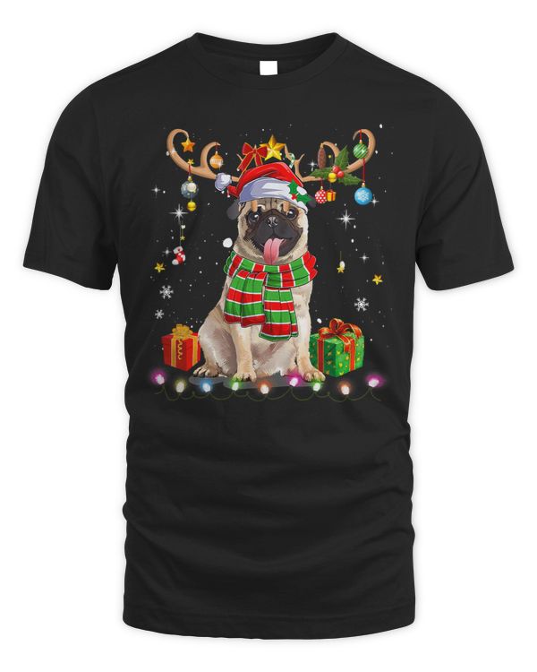 Pug Cute Pug Reindder Santa Hat Christmas Tree Lights Xmas 352