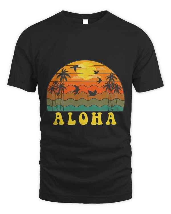 Aloha Retro Sunset 70s 80s Vintage Birds Palm Tree Beach Sun