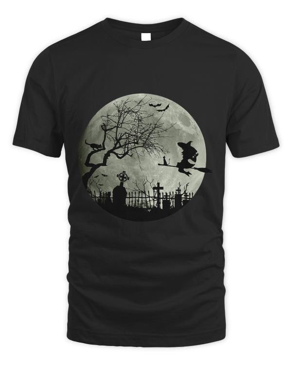 Halloween Moonlight Witch Flying Broomstick Bats Graveyard