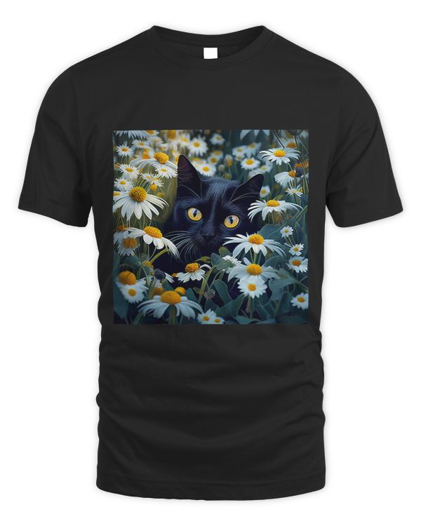 Black Cat Hiding In a Field Of Daisies Graphic Art