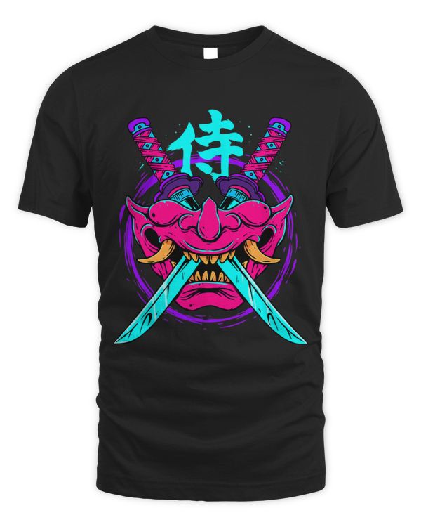 Vaporwave Aesthetic Japanese Samurai Mask Oni Kanji Bushido
