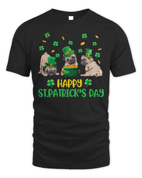 Pug Lover Three Leprechaun Pug Happy Patricks Day Shamrock Gold Coin 8 Pugs Dog