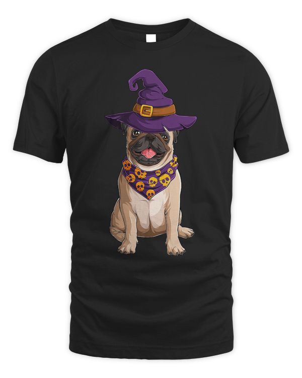 Pug Lover Dog Sitting Wearing Witch Hat Halloween Disguise 118 Pugs Dog
