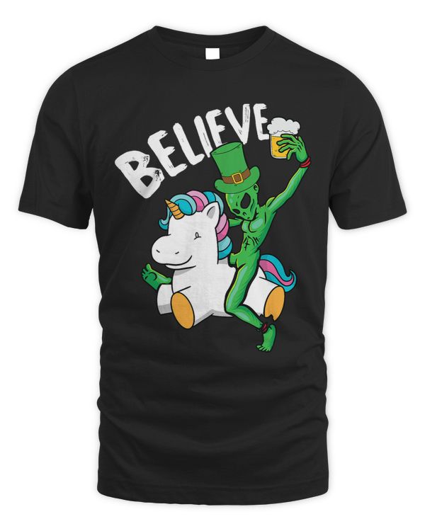 Believe Alien St Patricks Day Drinking Unicorn Irish Gifts