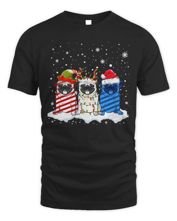 Pug Lover Christmas Three Dogs Reindeer Santa Hat Lighting 74 Pugs Dog