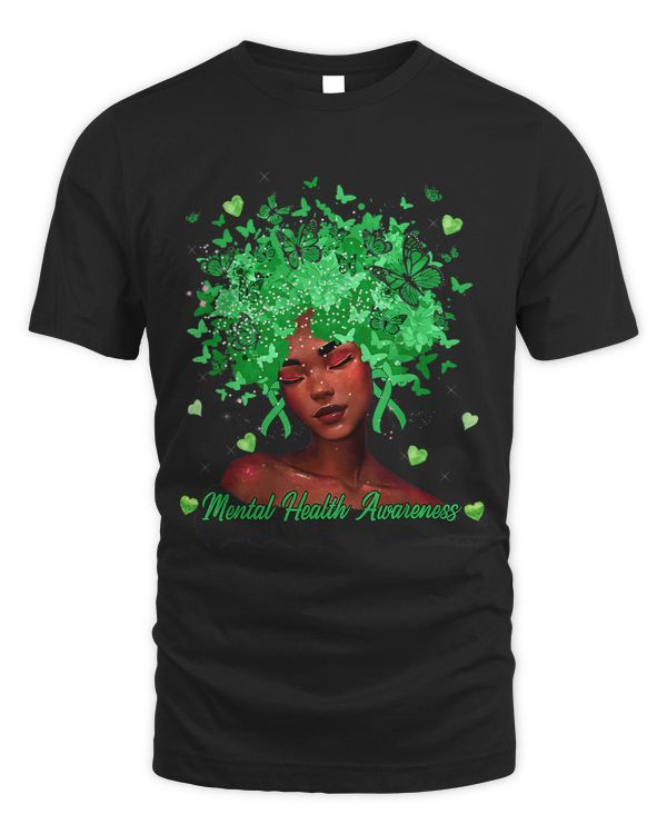 Mental Health Awareness Month Afro Black Woman Green Ribbon