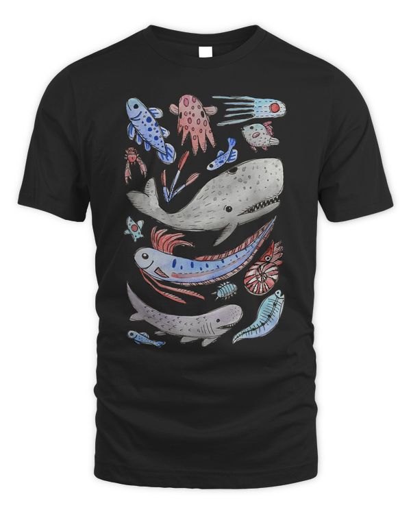 Deep Sea Ocean Creatures Oarfish Whale Shark Watercolor T-Shirt