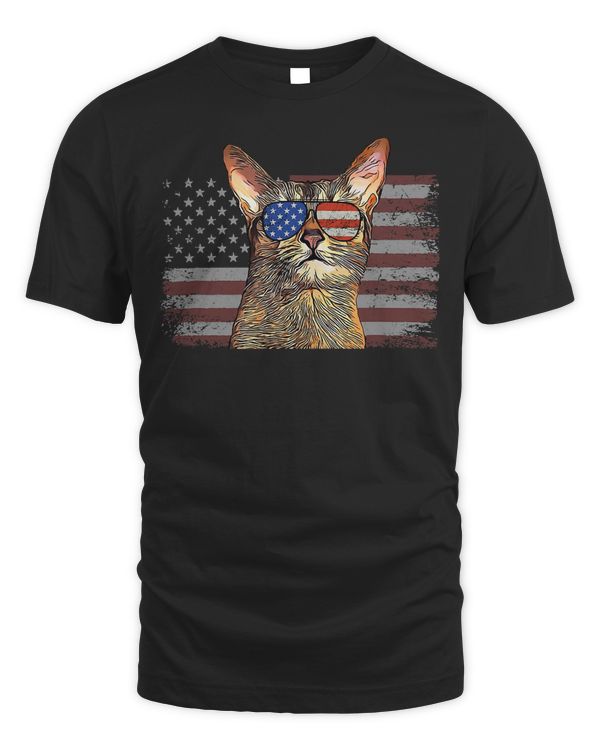 Abyssinian Cat July 4th Retro USA American Flag T-Shirt