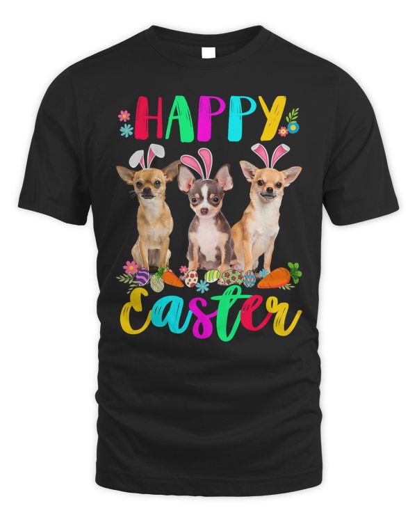 Nice happy easter three chihuahua wearing bunny ears eggs hunting t-shirt