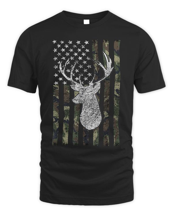 Whitetail Buck Deer Hunting American Camouflage USA Flag T-Shirt