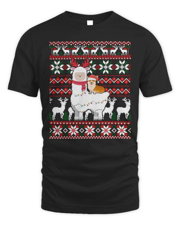 Funny Corgi Riding Llama Christmas Gifts Corgi Ugly Sweater Shirt T-Shirt