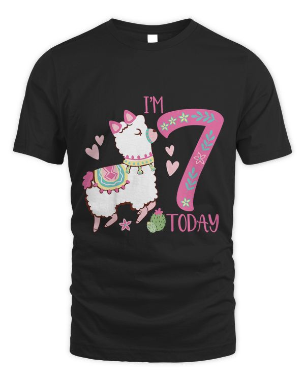 Kids I Am 7 Years Old 7th Birthday Girl Alpaca  Llama T-Shirt