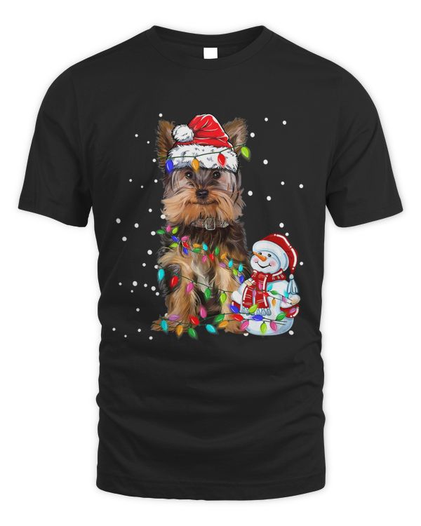 Yorkshire Terrier Christmas Santa Hat Xmas Lights Yorkie Dog T-Shirt